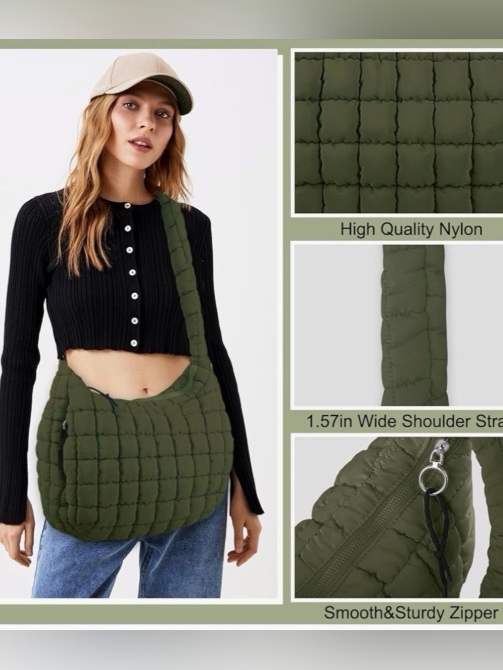 NWT....Womens Large quilted nylon shoulder bag. Army green ,very roomy